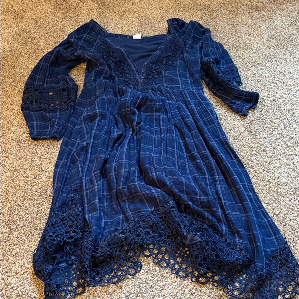 Anthropologie Asymmetrical Navy Blue Plaid Dress